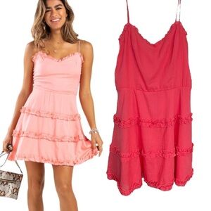 Francesca’s Mi Ami Danai Ruffle Tiered Mini Dress Pink Coral L